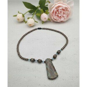 Natural Jasper Pendant Necklace Hematite Boho Statement Blue Crystal 18 inch